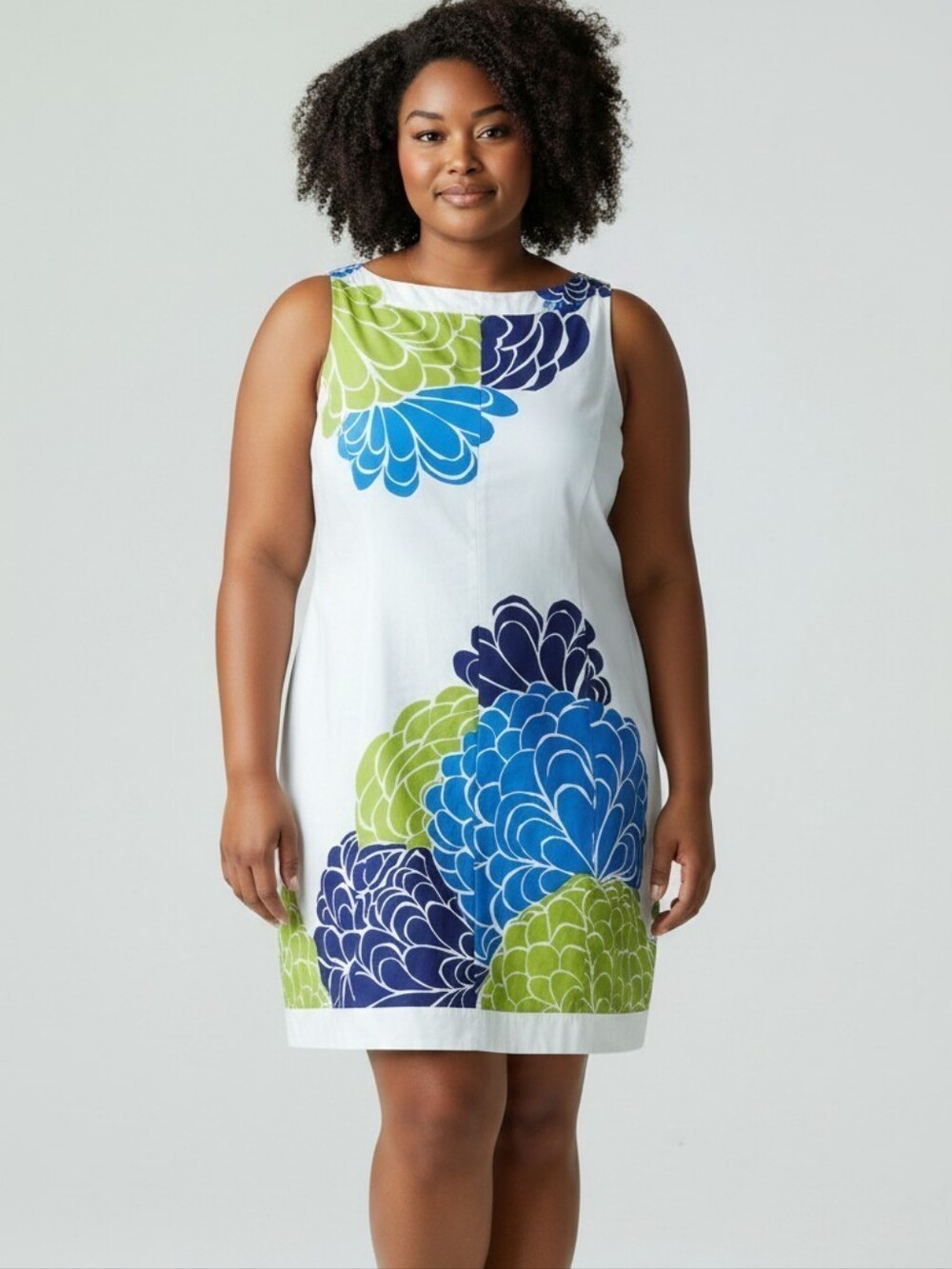 #267 Jones Wear White Midi Dress with Blue, Navy & Green Floral Print